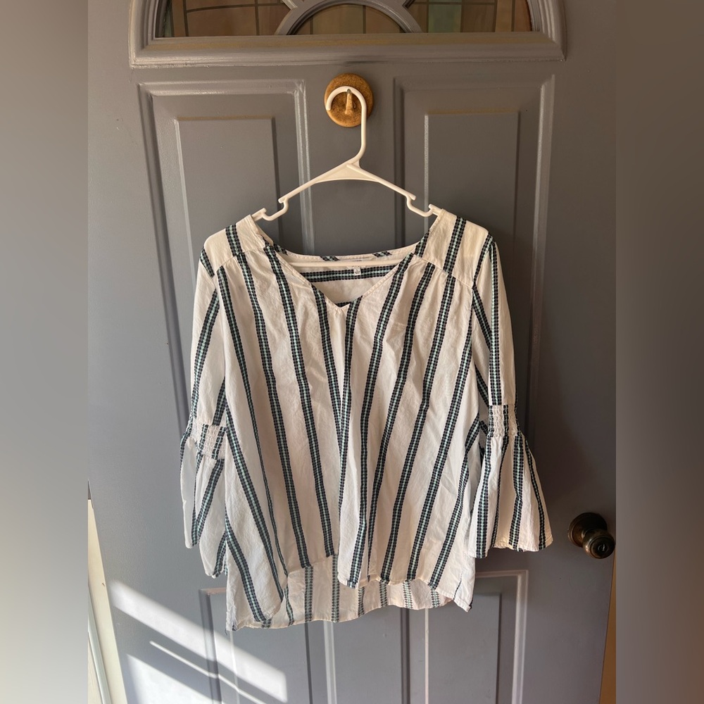 crown & ivy White Blouse with Navy Vertical Stripes